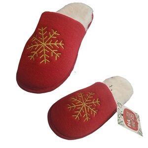 Rest Your‎ Soles Slippers Plush Red Slipons Gold Embroidery Unisex Sz L
